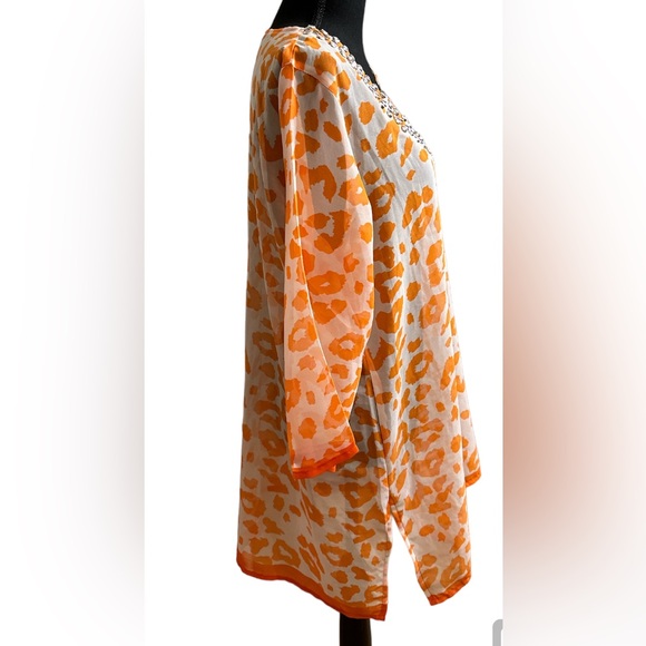 Aqua Blue Ladies Orange and White Beaded Beach Cover Up Size Large - Picture 3 of 7